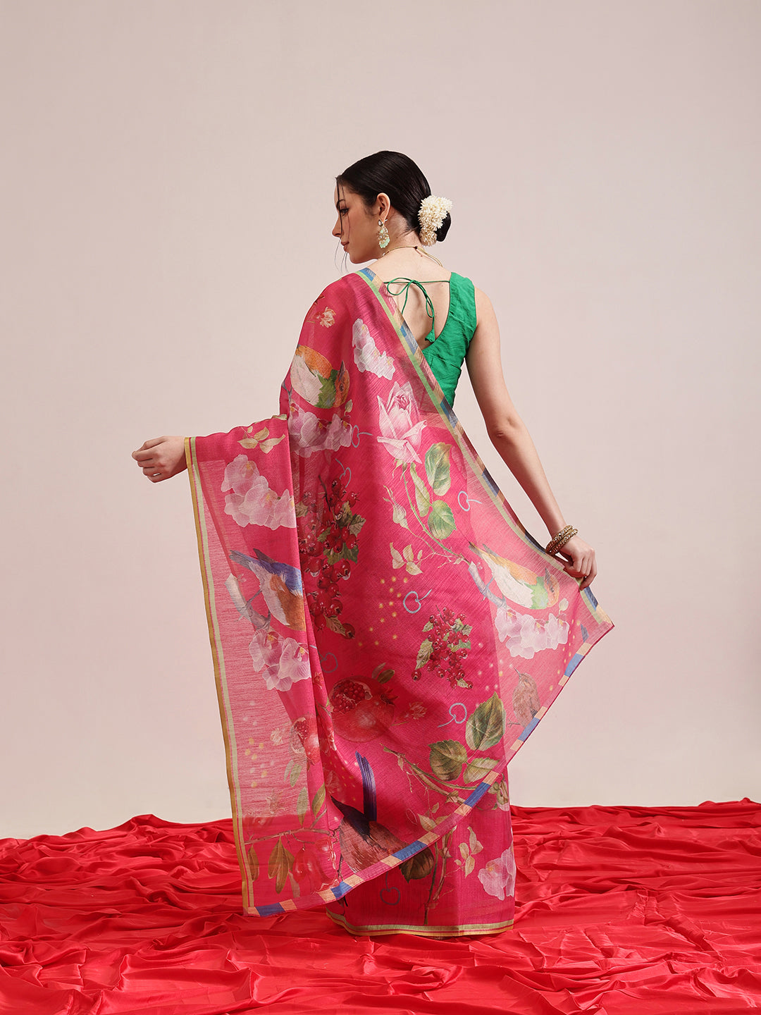 Hiral Fashion Pink Banarasi Cotton Silk Fruits Digital Printed Saree