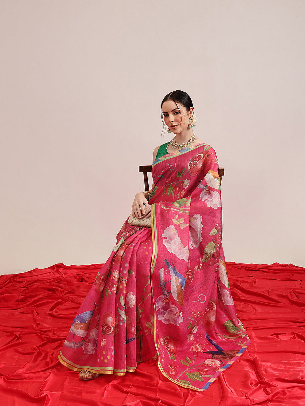 Hiral Fashion Pink Banarasi Cotton Silk Fruits Digital Printed Saree