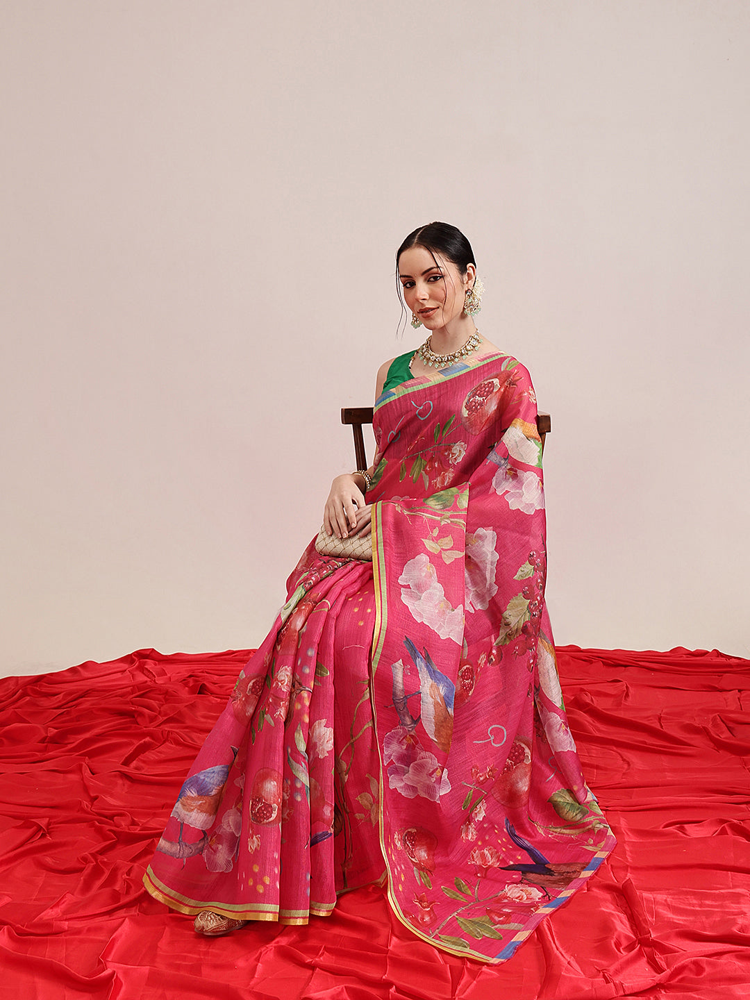 Hiral Fashion Pink Banarasi Cotton Silk Fruits Digital Printed Saree