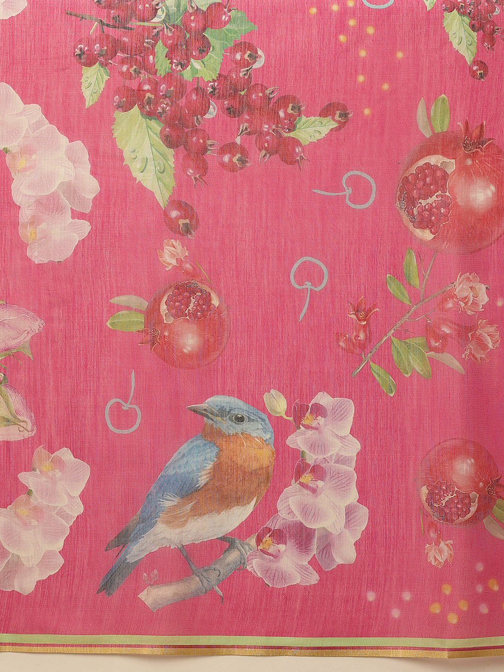 Hiral Fashion Pink Banarasi Cotton Silk Fruits Digital Printed Saree
