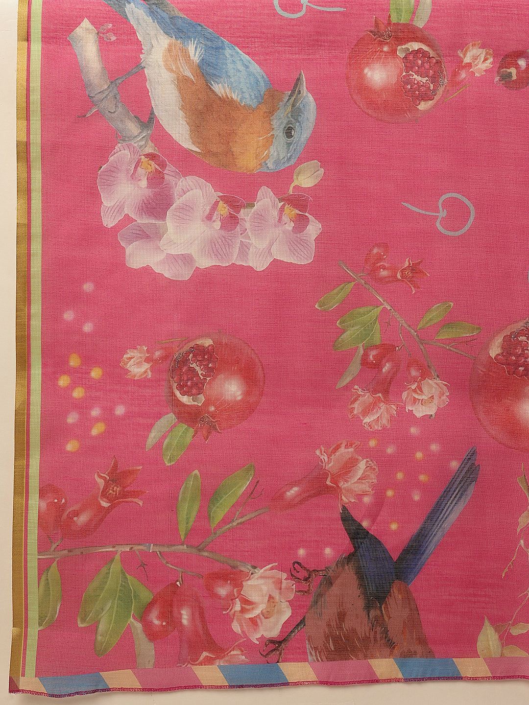 Hiral Fashion Pink Banarasi Cotton Silk Fruits Digital Printed Saree
