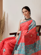Hiral Fashion Red Banarasi Cotton Silk Fruits Digital Printed Saree