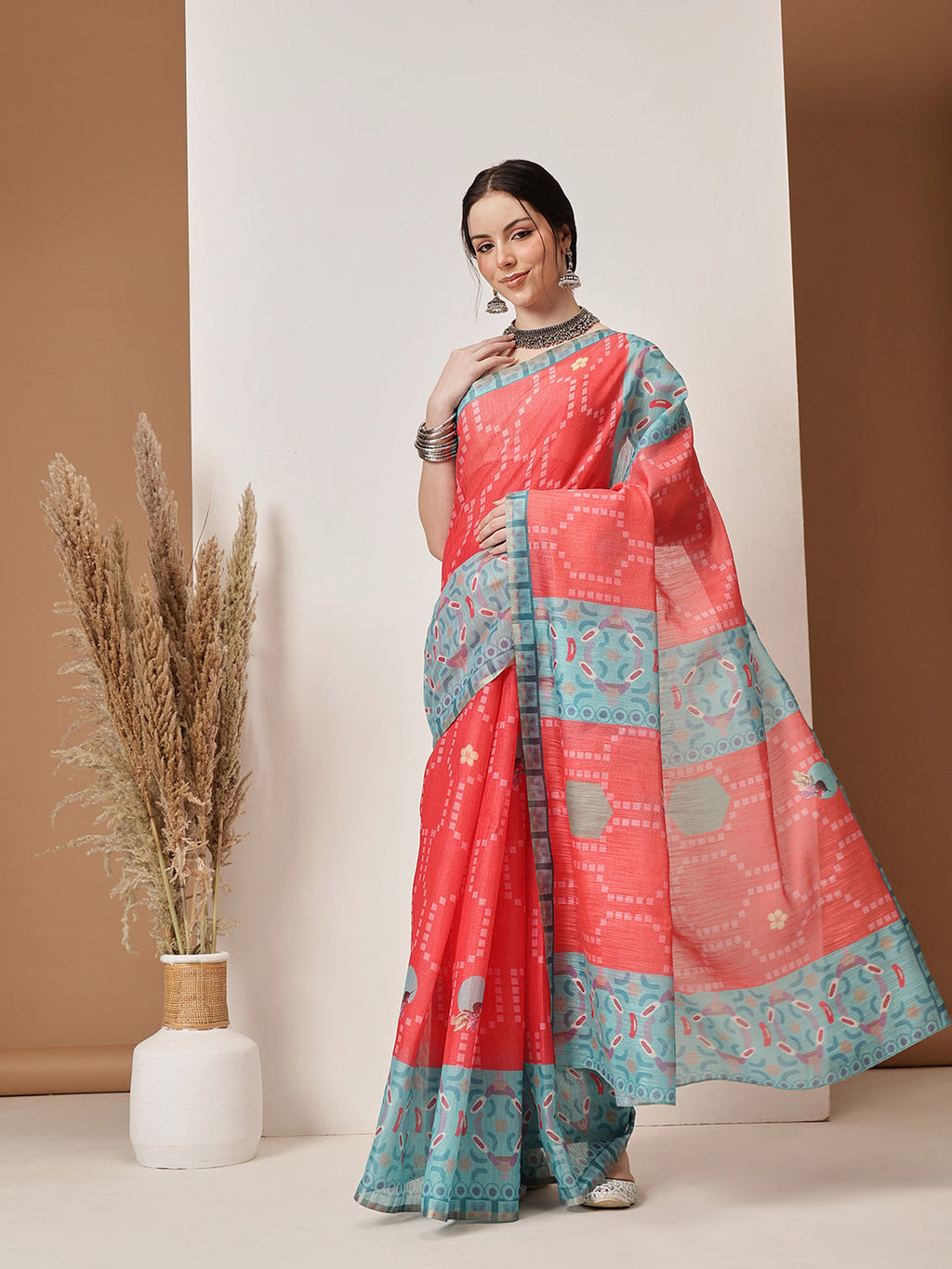 Hiral Fashion Red Banarasi Cotton Silk Fruits Digital Printed Saree