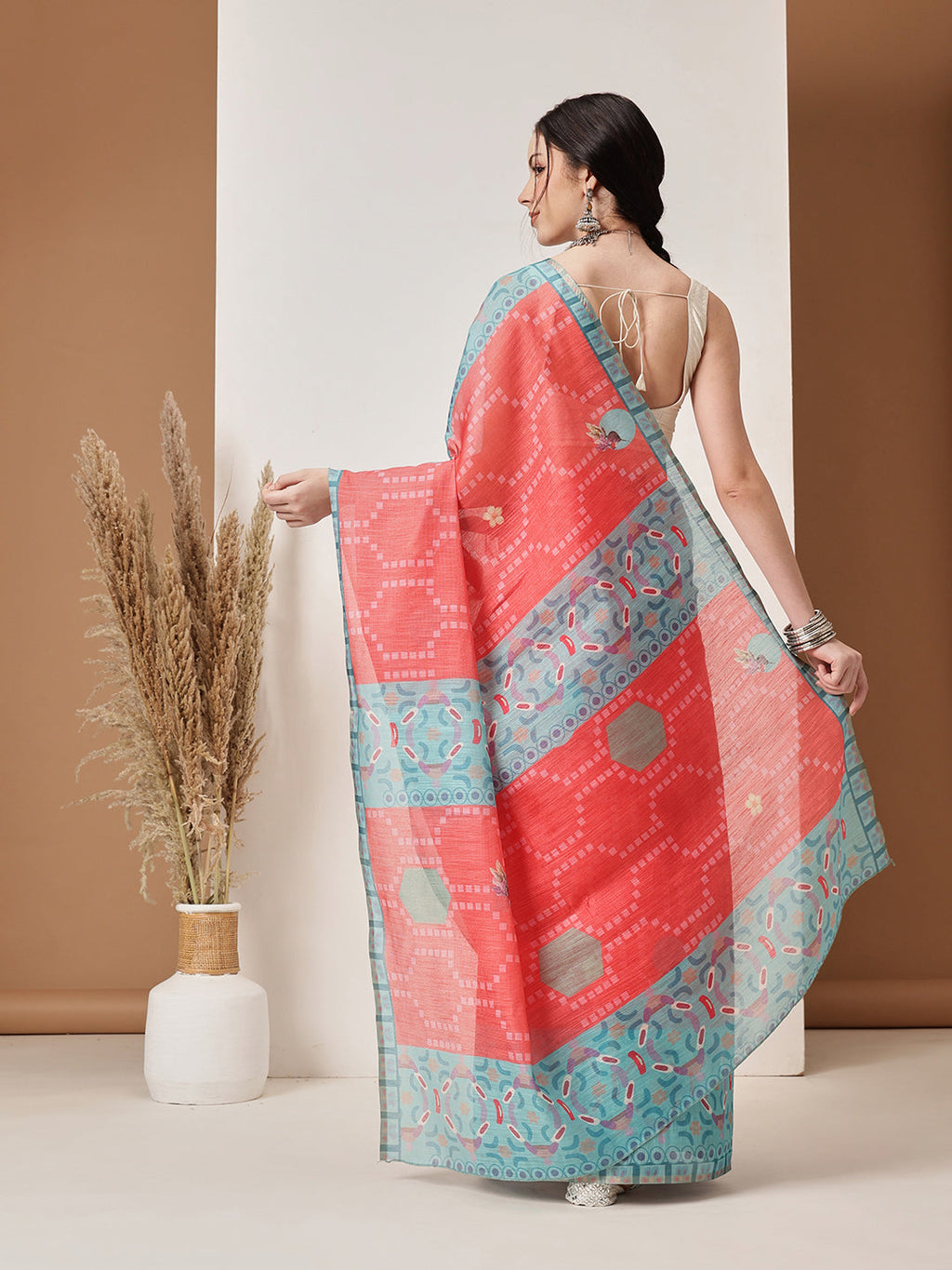 Hiral Fashion Red Banarasi Cotton Silk Fruits Digital Printed Saree
