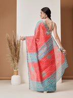 Hiral Fashion Red Banarasi Cotton Silk Fruits Digital Printed Saree