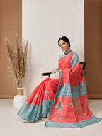 Hiral Fashion Red Banarasi Cotton Silk Fruits Digital Printed Saree