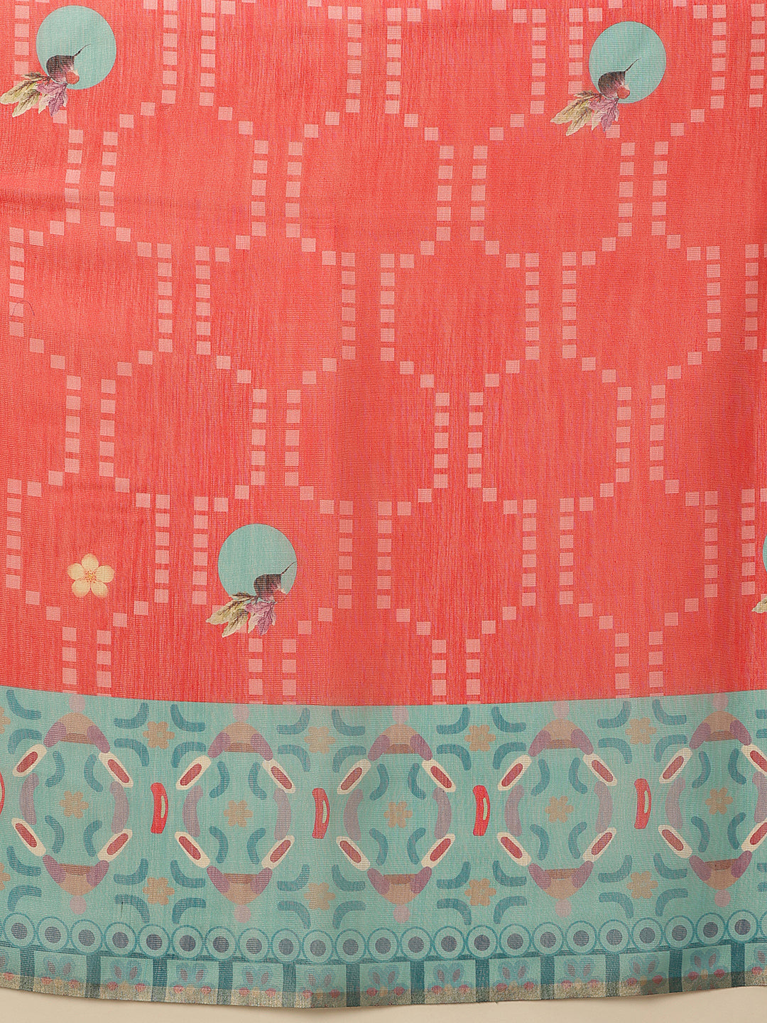 Hiral Fashion Red Banarasi Cotton Silk Fruits Digital Printed Saree