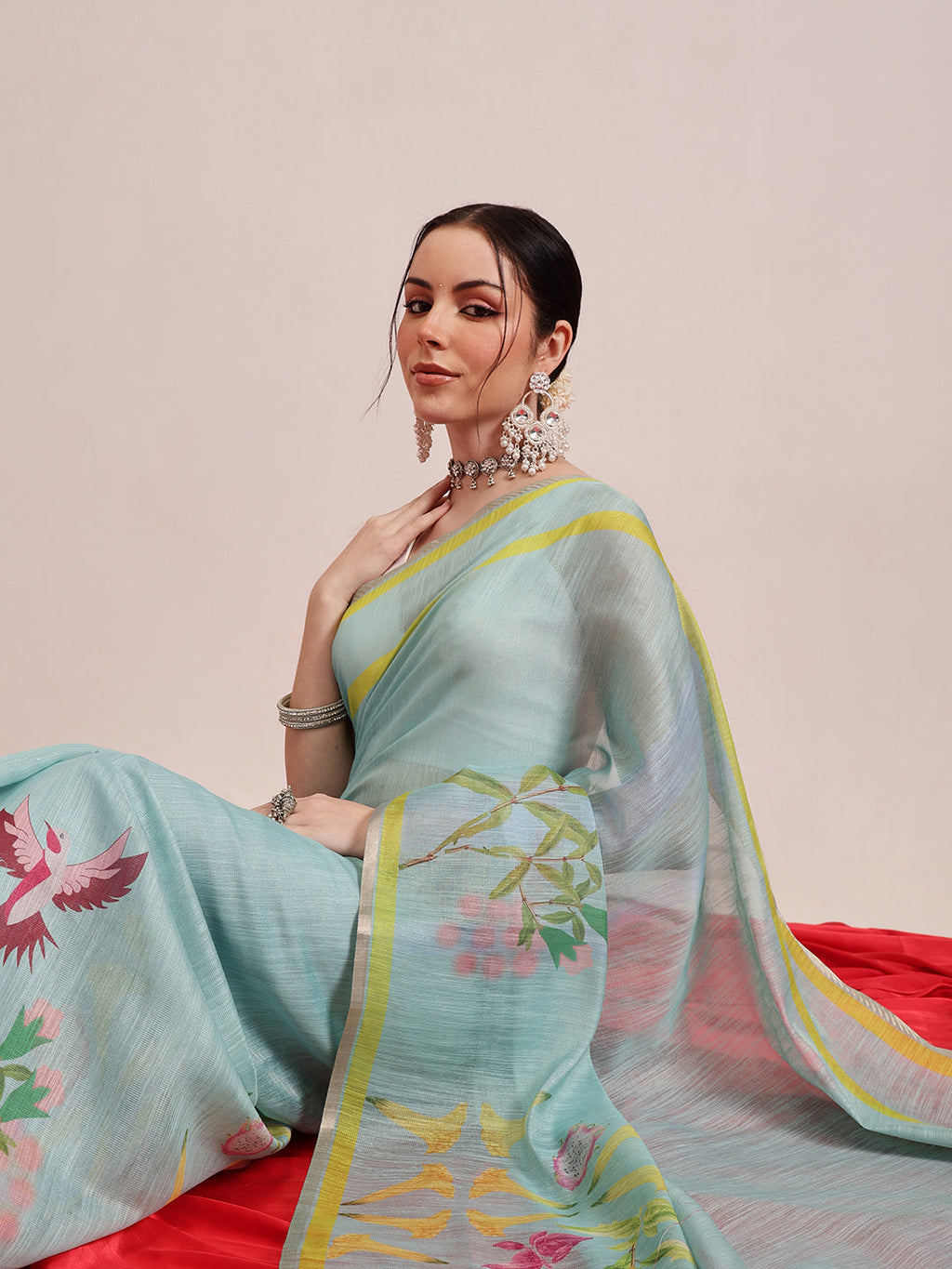 Hiral Fashion Blue Banarasi Cotton Silk Floral Digital Printed Saree