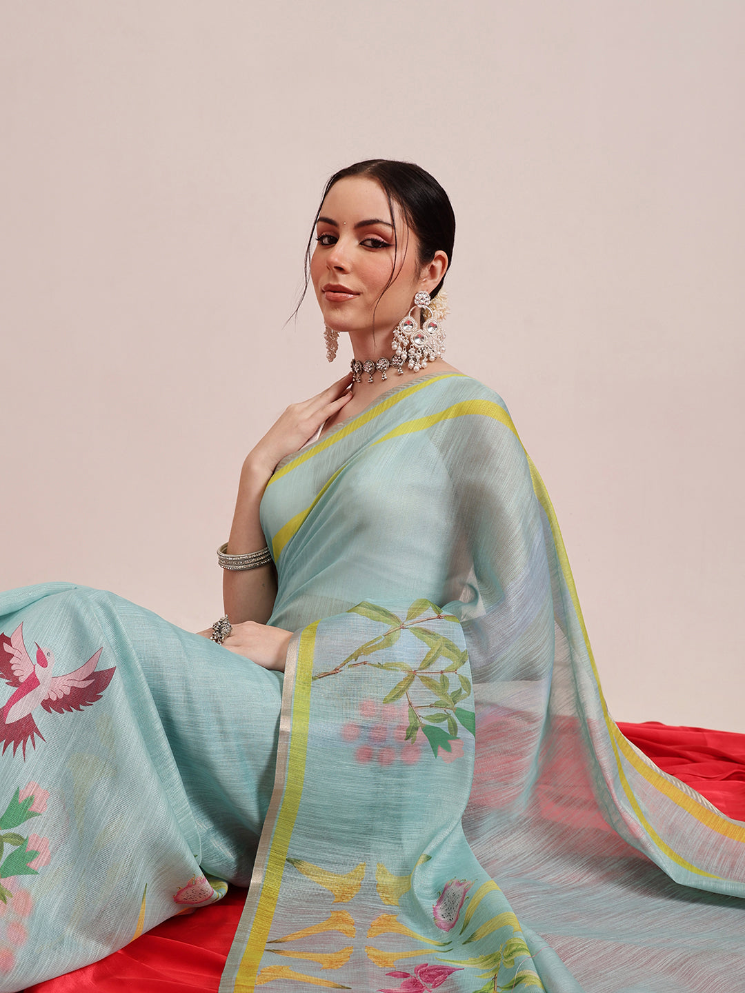 Hiral Fashion Blue Banarasi Cotton Silk Floral Digital Printed Saree