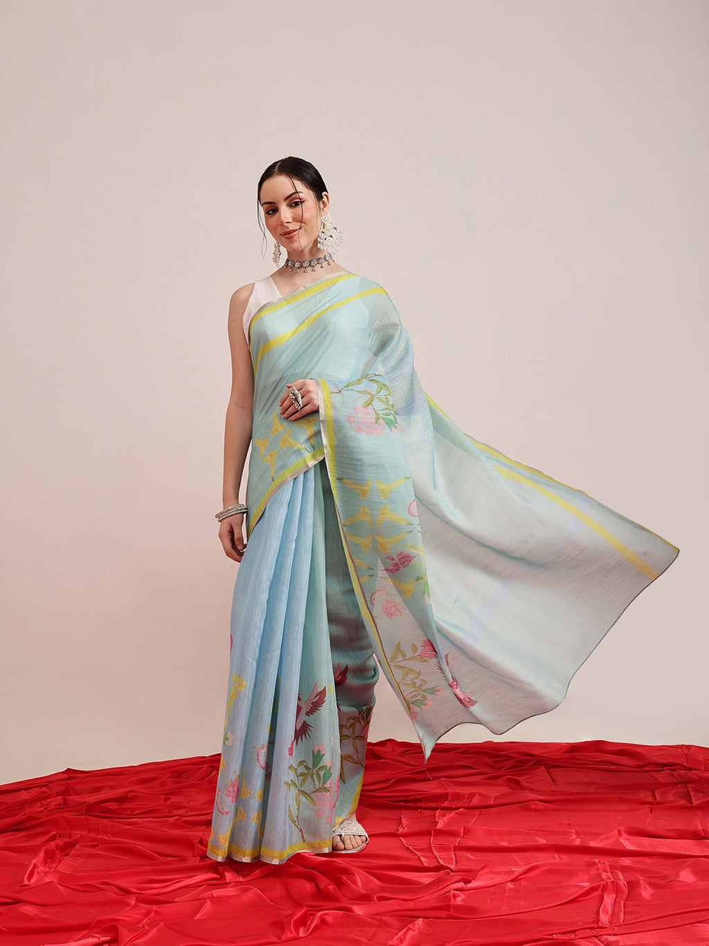 Hiral Fashion Blue Banarasi Cotton Silk Floral Digital Printed Saree