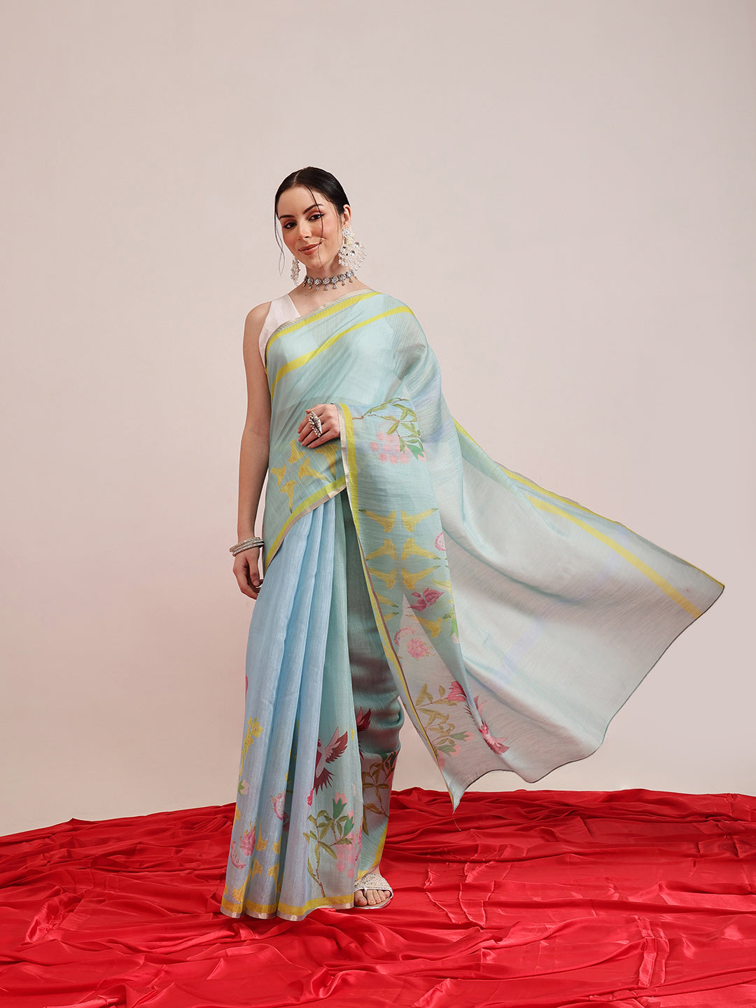 Hiral Fashion Blue Banarasi Cotton Silk Floral Digital Printed Saree