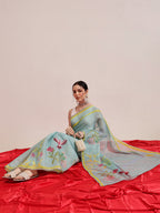 Hiral Fashion Blue Banarasi Cotton Silk Floral Digital Printed Saree