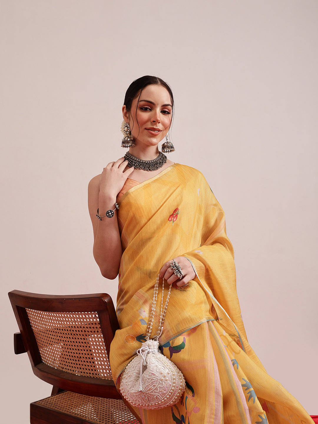 Hiral Fashion Yellow Banarasi Cotton Silk Fruits Digital Printed Saree