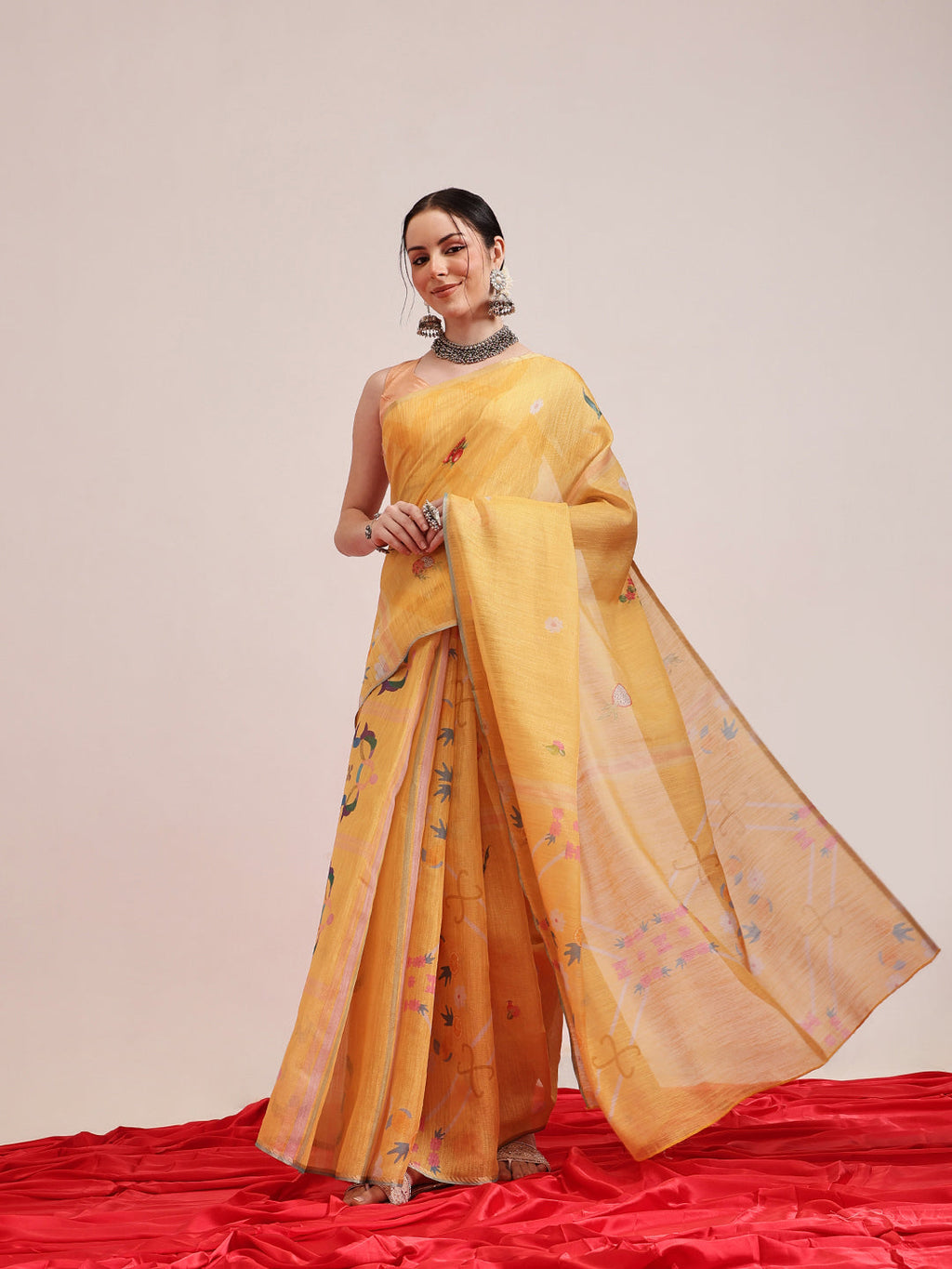 Hiral Fashion Yellow Banarasi Cotton Silk Fruits Digital Printed Saree