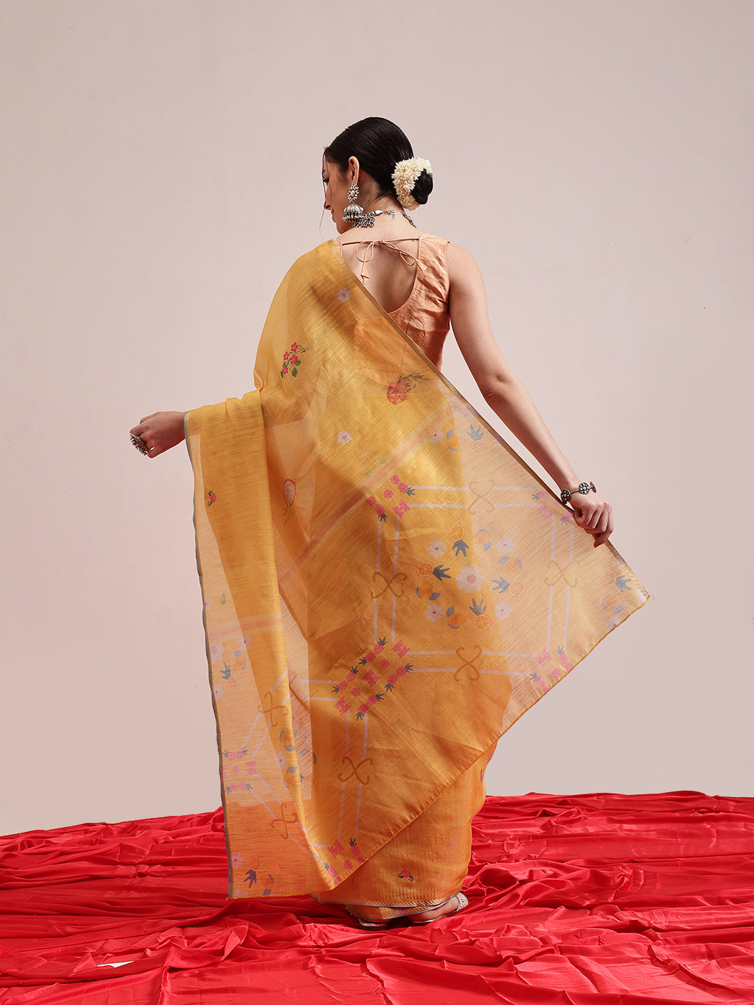 Hiral Fashion Yellow Banarasi Cotton Silk Fruits Digital Printed Saree
