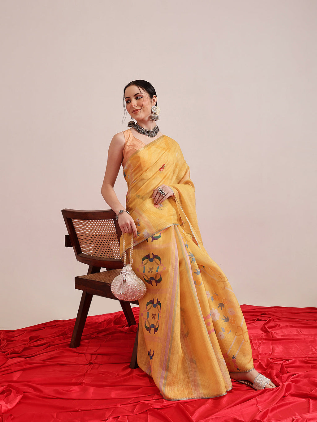 Hiral Fashion Yellow Banarasi Cotton Silk Fruits Digital Printed Saree