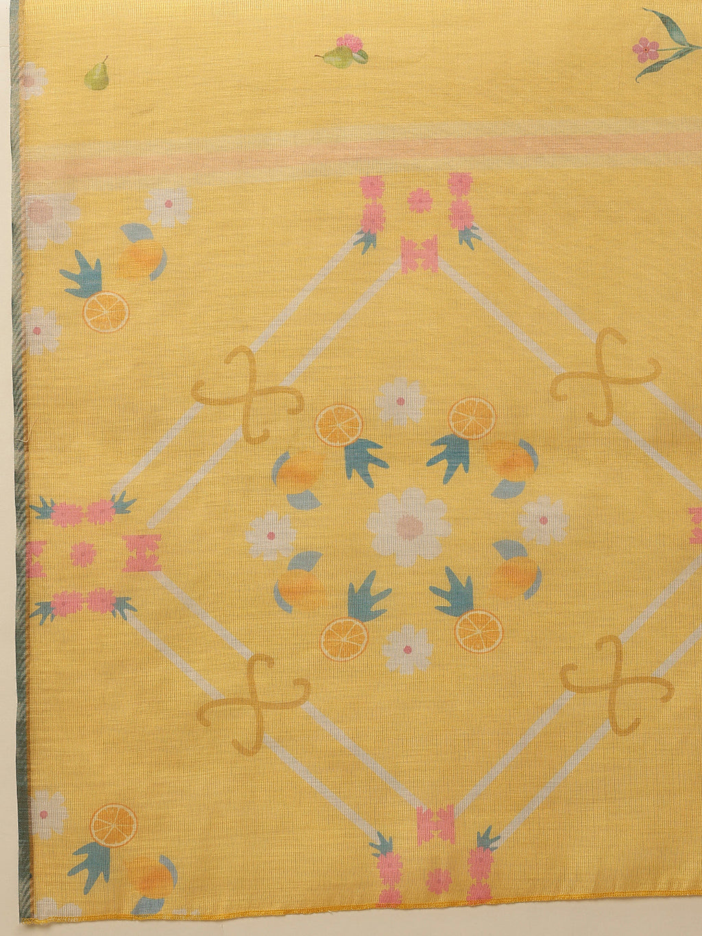 Hiral Fashion Yellow Banarasi Cotton Silk Fruits Digital Printed Saree