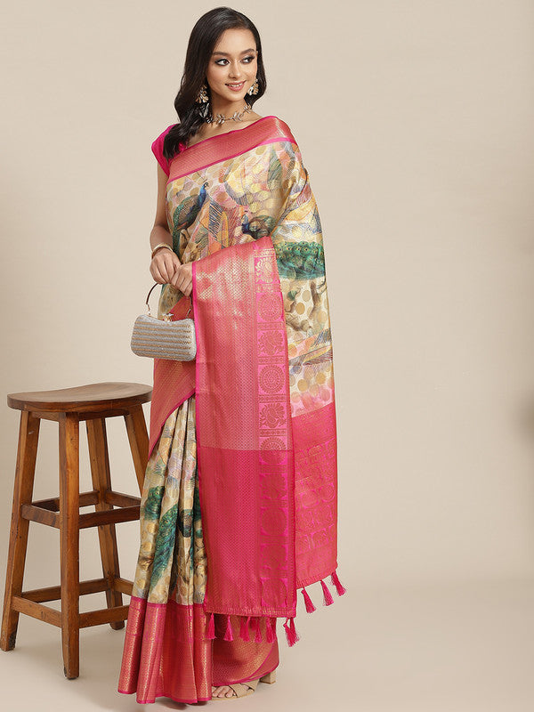 Multicolor Art Silk Printed Polka Dots Saree with Unstitched Blouse - Hiral Fashion
