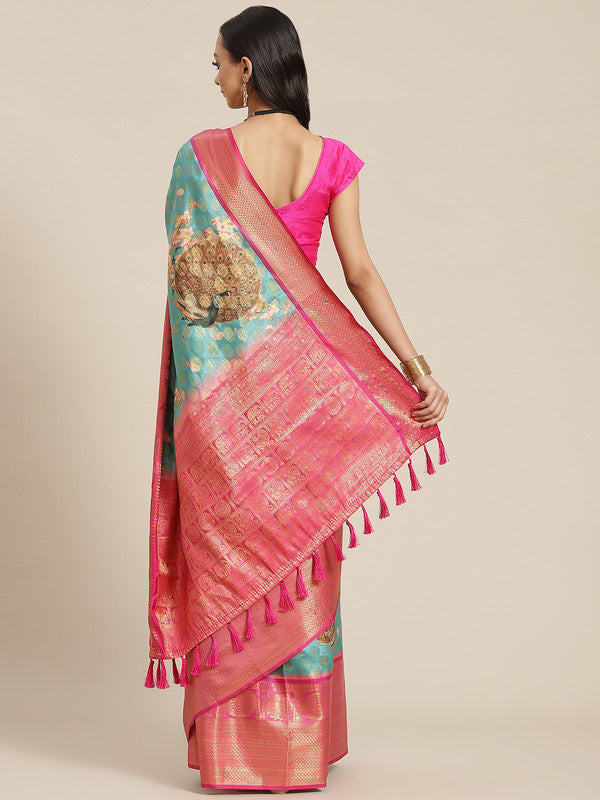 Turquoise Art Silk Printed Polka Dots Saree with Unstitched Blouse - Hiral Fashion