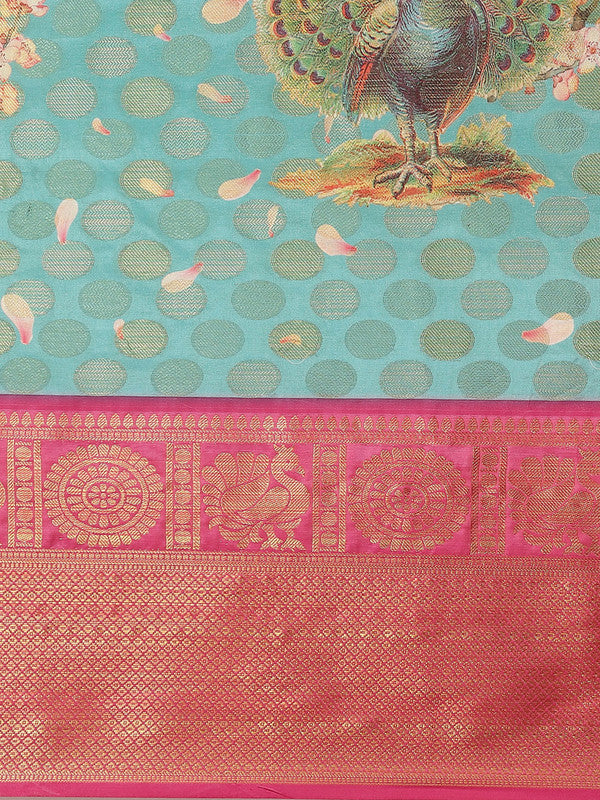 Turquoise Art Silk Printed Polka Dots Saree with Unstitched Blouse - Hiral Fashion