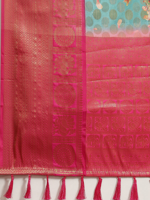 Turquoise Art Silk Printed Polka Dots Saree with Unstitched Blouse - Hiral Fashion