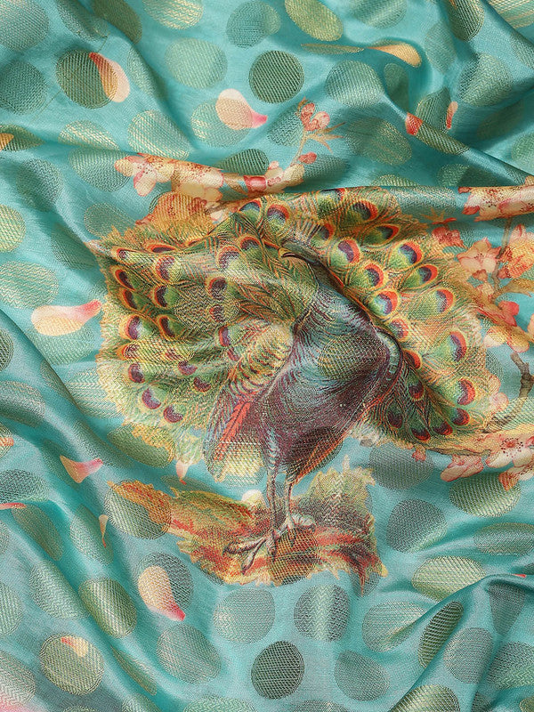 Turquoise Art Silk Printed Polka Dots Saree with Unstitched Blouse - Hiral Fashion