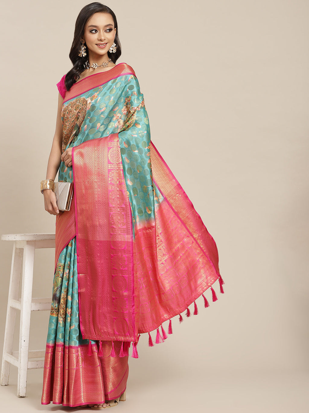 Turquoise Art Silk Printed Polka Dots Saree with Unstitched Blouse - Hiral Fashion