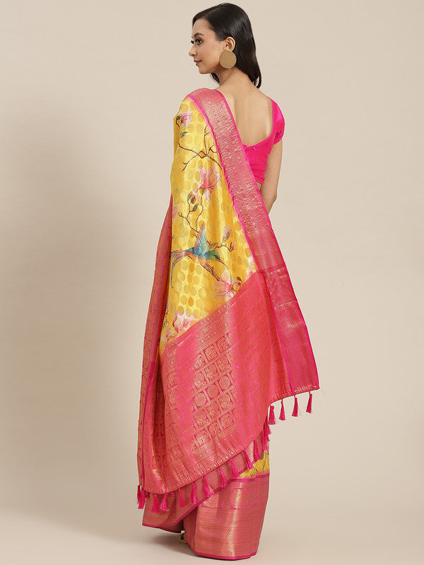Yellow Art Silk Printed Polka Dots Saree with Unstitched Blouse - Hiral Fashion