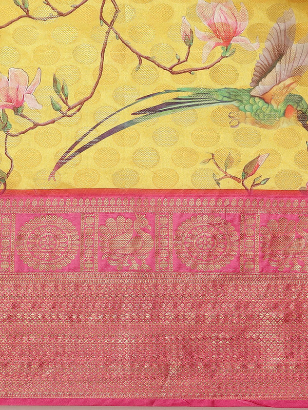 Yellow Art Silk Printed Polka Dots Saree with Unstitched Blouse - Hiral Fashion