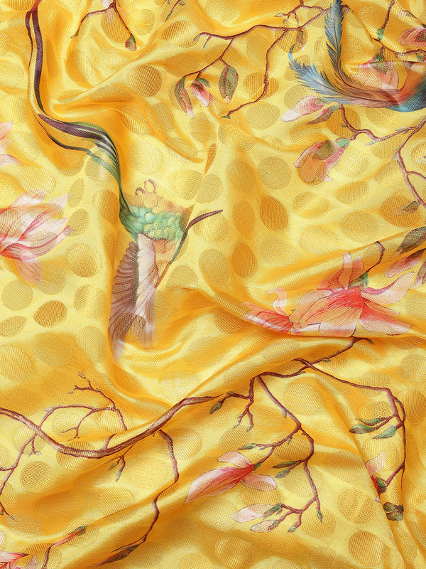 Yellow Art Silk Printed Polka Dots Saree with Unstitched Blouse - Hiral Fashion