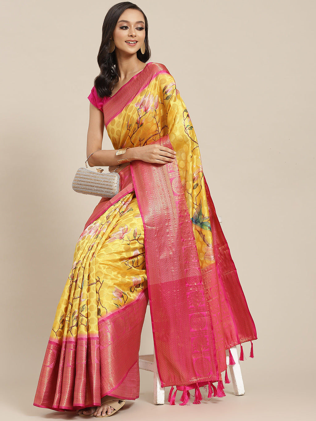 Yellow Art Silk Printed Polka Dots Saree with Unstitched Blouse - Hiral Fashion