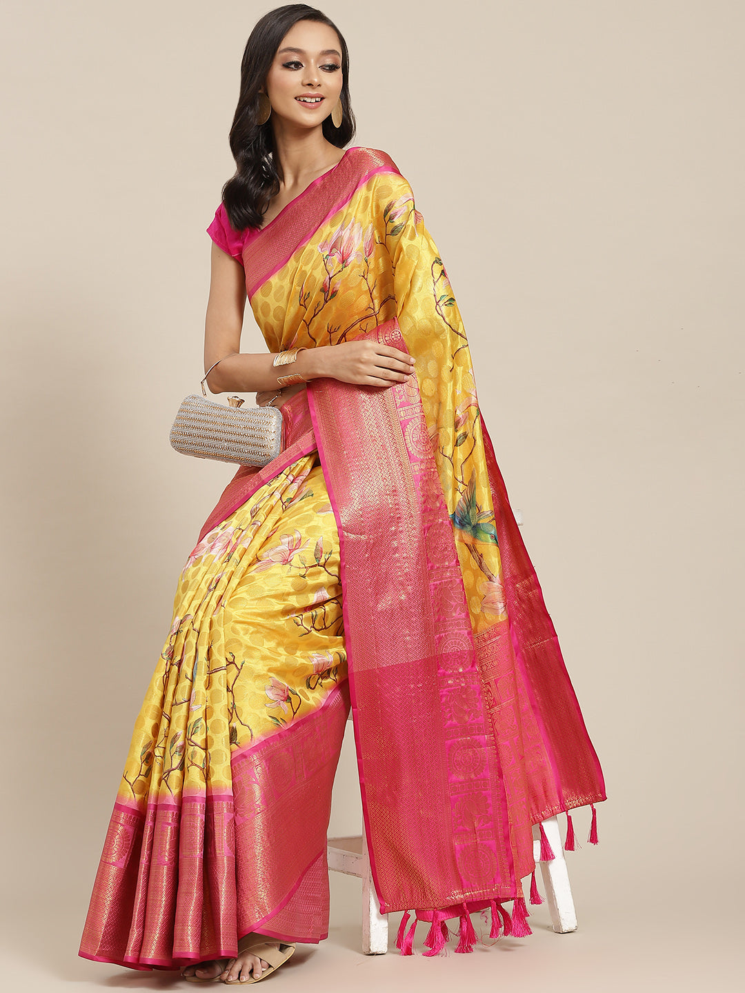 Yellow Art Silk Printed Polka Dots Saree with Unstitched Blouse - Hiral Fashion
