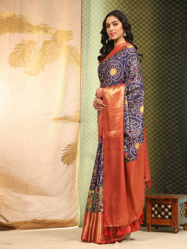 Blue Silk Blend Digital Print Bandhani Saree with Unstitched Blouse - Hiral Fashion