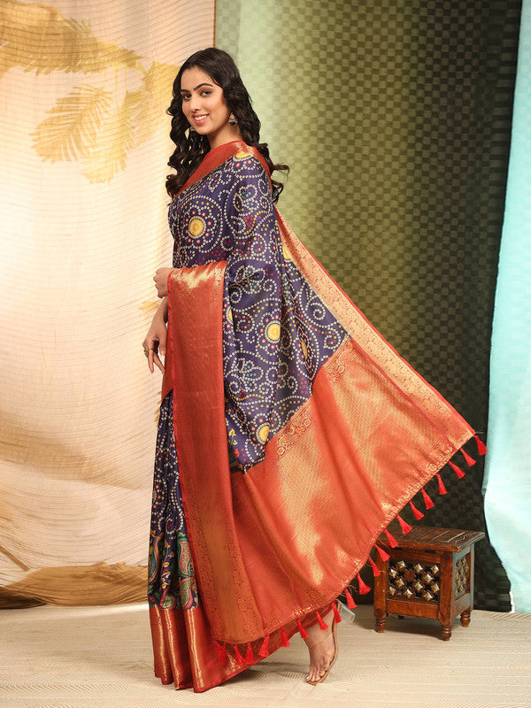 Blue Silk Blend Digital Print Bandhani Saree with Unstitched Blouse - Hiral Fashion