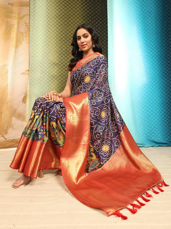 Blue Silk Blend Digital Print Bandhani Saree with Unstitched Blouse - Hiral Fashion