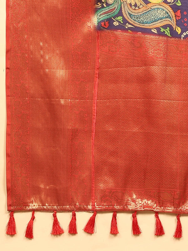 Blue Silk Blend Digital Print Bandhani Saree with Unstitched Blouse - Hiral Fashion