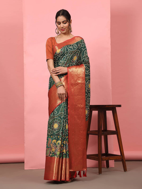 Green Silk Blend Digital Print Bandhani Saree with Unstitched Blouse - Hiral Fashion