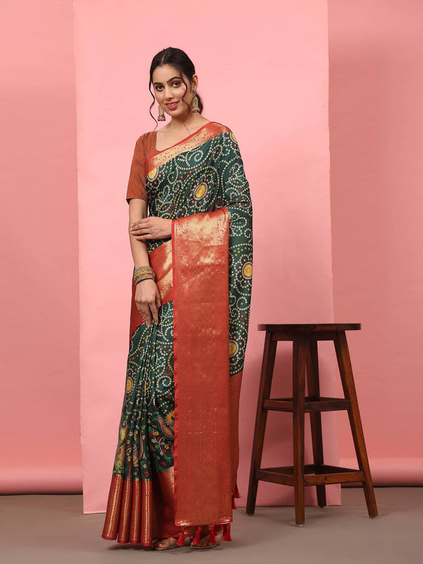 Green Silk Blend Digital Print Bandhani Saree with Unstitched Blouse - Hiral Fashion