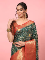 Green Silk Blend Digital Print Bandhani Saree with Unstitched Blouse - Hiral Fashion