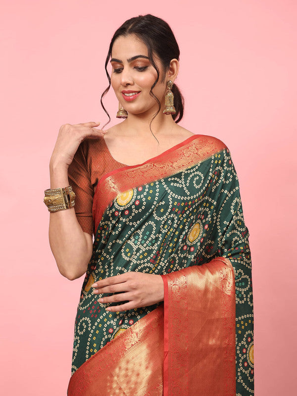 Green Silk Blend Digital Print Bandhani Saree with Unstitched Blouse - Hiral Fashion