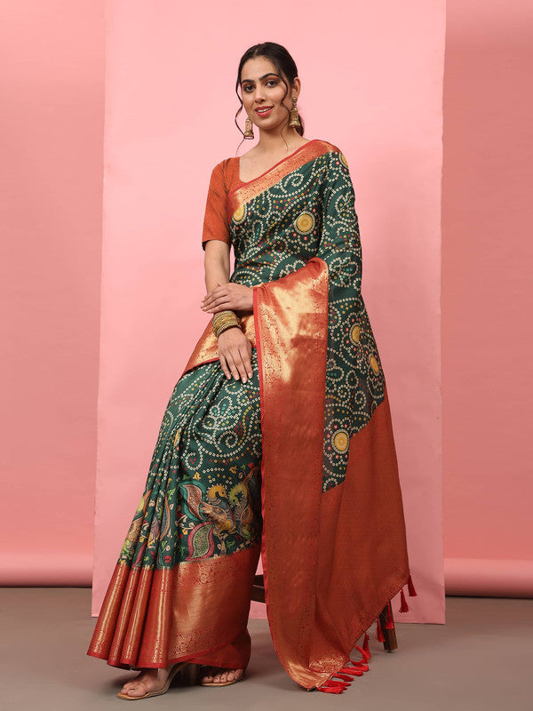 Green Silk Blend Digital Print Bandhani Saree with Unstitched Blouse - Hiral Fashion