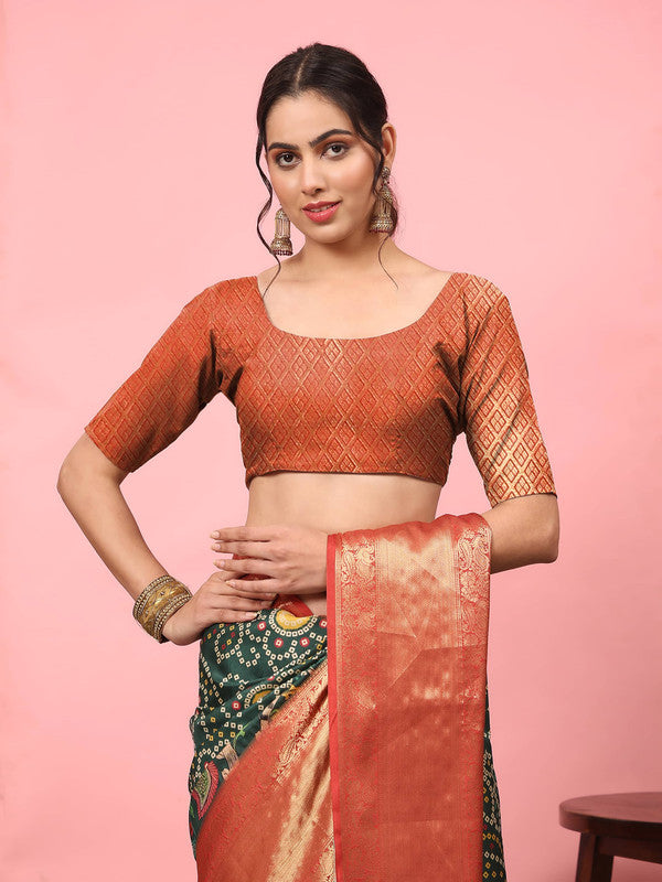 Green Silk Blend Digital Print Bandhani Saree with Unstitched Blouse - Hiral Fashion