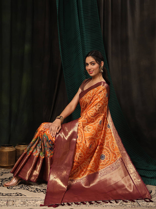 Orange Silk Blend Digital Print Bandhani Saree with Unstitched Blouse - Hiral Fashion
