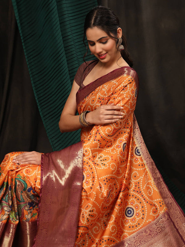 Orange Silk Blend Digital Print Bandhani Saree with Unstitched Blouse - Hiral Fashion