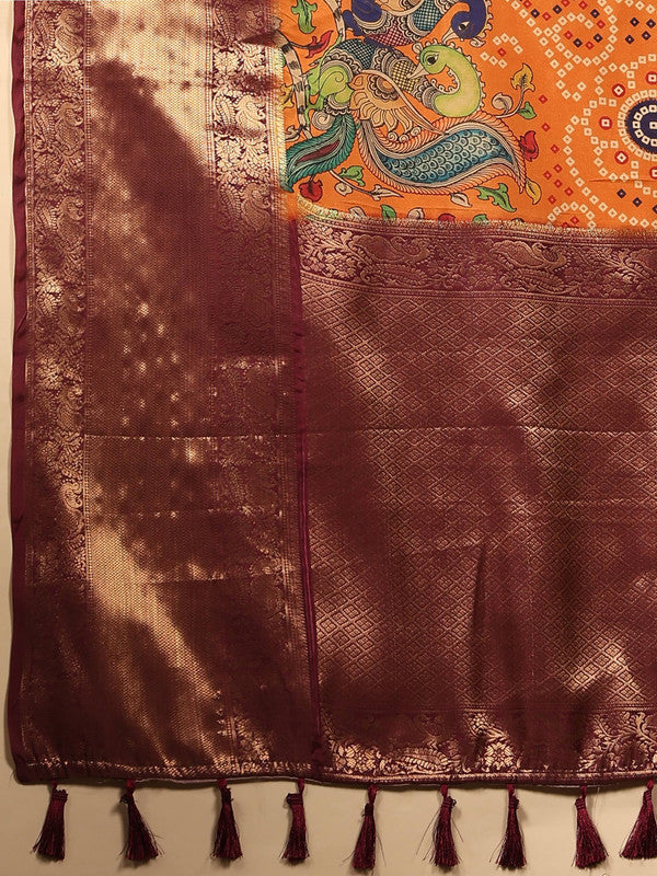 Orange Silk Blend Digital Print Bandhani Saree with Unstitched Blouse - Hiral Fashion