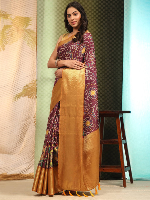 Purple Silk Blend Digital Print Bandhani Saree with Unstitched Blouse - Hiral Fashion