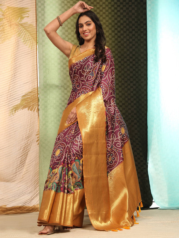 Purple Silk Blend Digital Print Bandhani Saree with Unstitched Blouse - Hiral Fashion