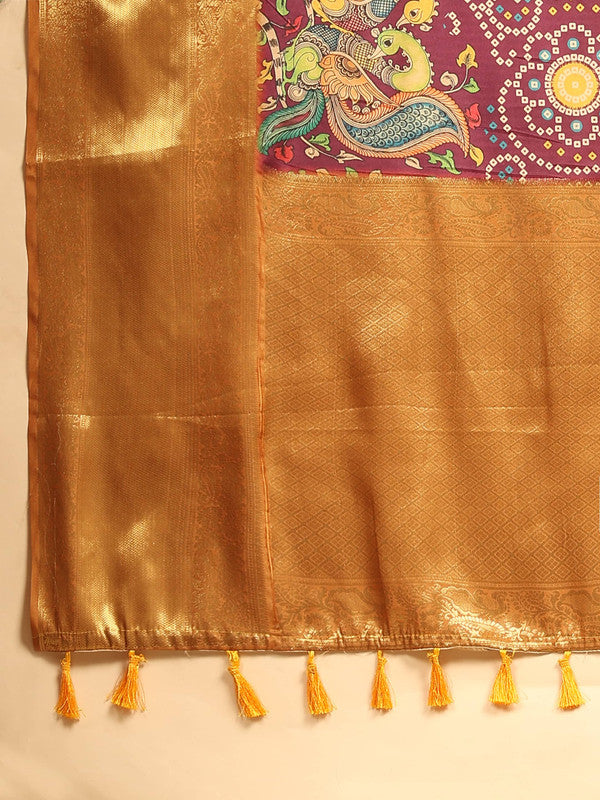 Purple Silk Blend Digital Print Bandhani Saree with Unstitched Blouse - Hiral Fashion