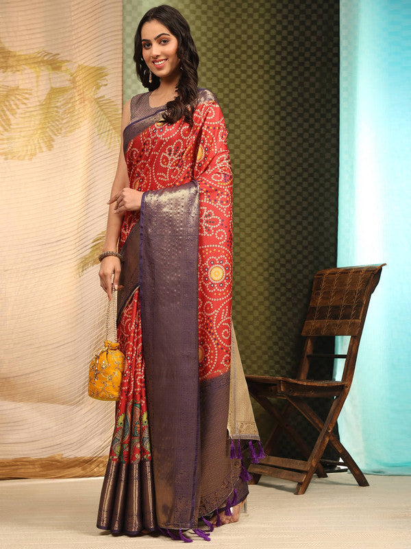 Red Silk Blend Digital Print Bandhani Saree with Unstitched Blouse - Hiral Fashion