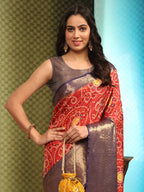 Red Silk Blend Digital Print Bandhani Saree with Unstitched Blouse - Hiral Fashion